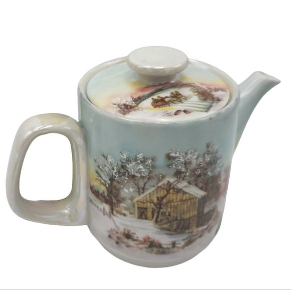 Vintage Hand Painted Porcelain Teapot Signed The Homestead in Winter - Picture 8 of 9